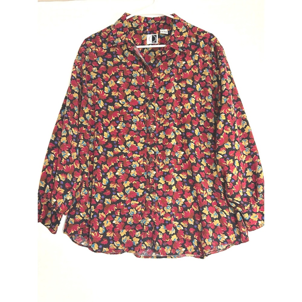 Jennifer Moore Jeanswear Women 2X Rayon Floral Leaf Print Button Front Blouse